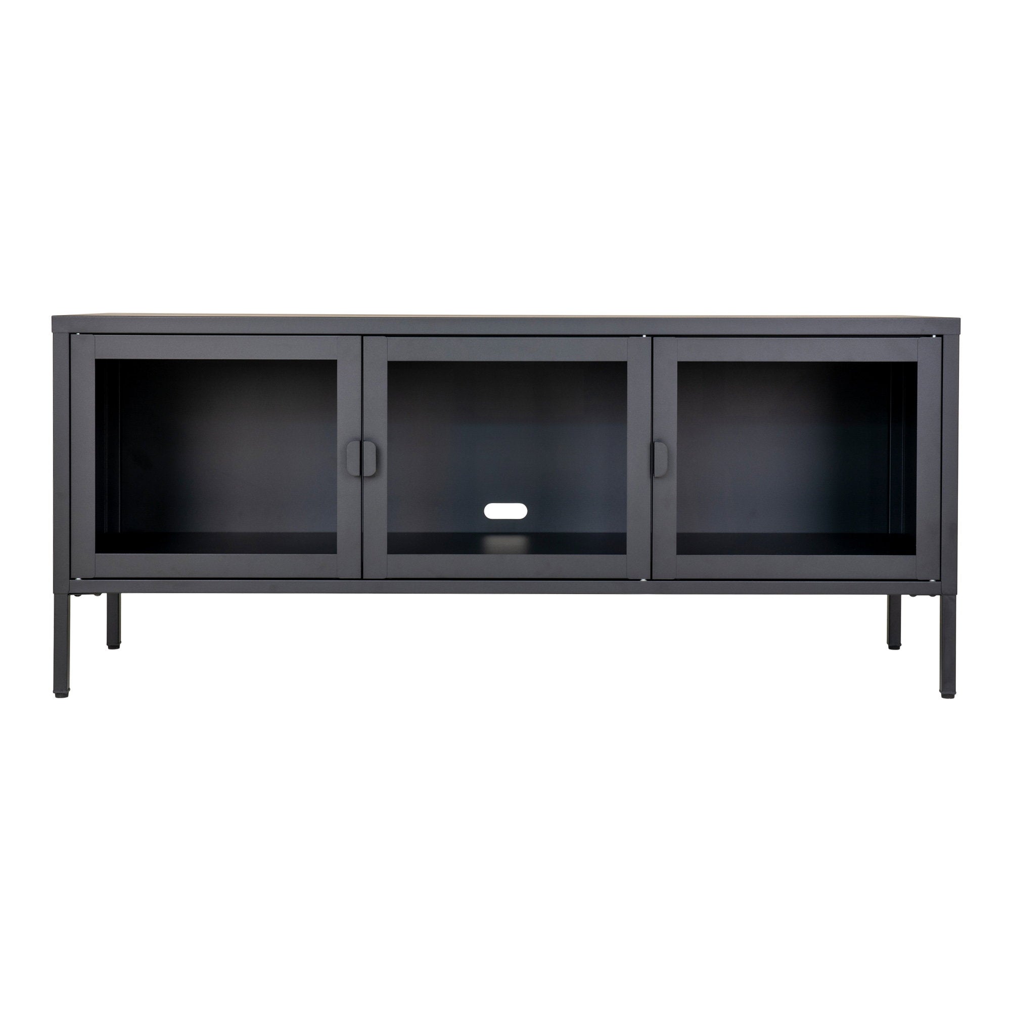 Meuble TV Brisbane acier noir 3 portes vitrées 130x55 cm vue de face