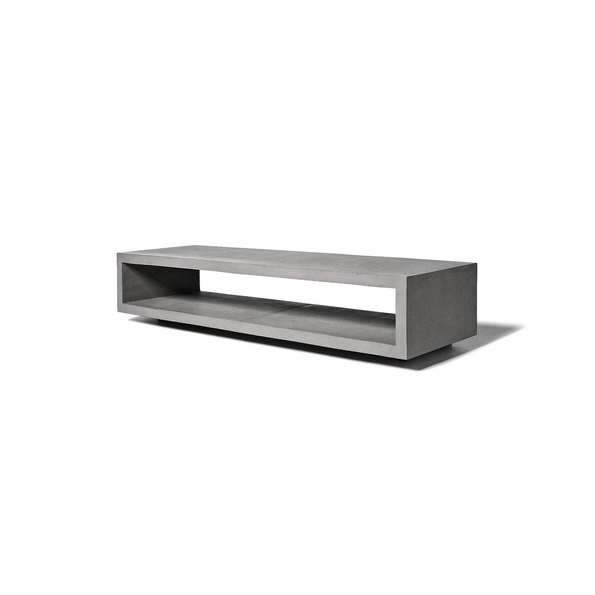 Meuble TV Monobloc en béton gris vu de trois quarts sur fond blanc