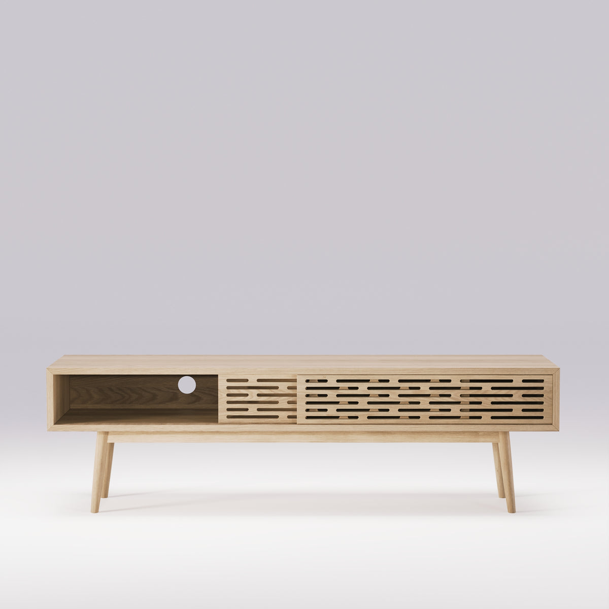 Meuble TV Radio en chêne avec une porte coulissée et son passage de câble
