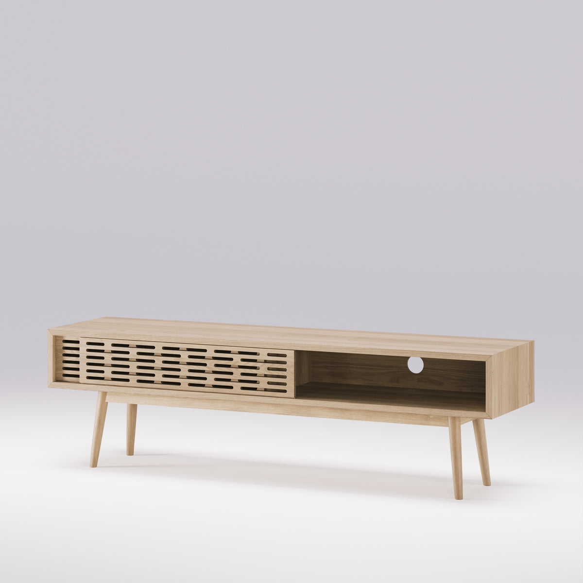 Meuble TV Radio en chêne vu de trois quarts avec une porte coulissée