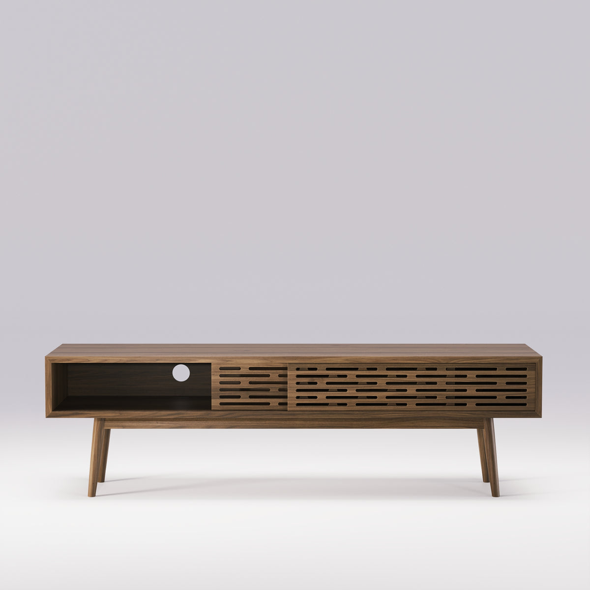 Meuble TV Radio en noyer avec une porte coulissée et son passage de câble