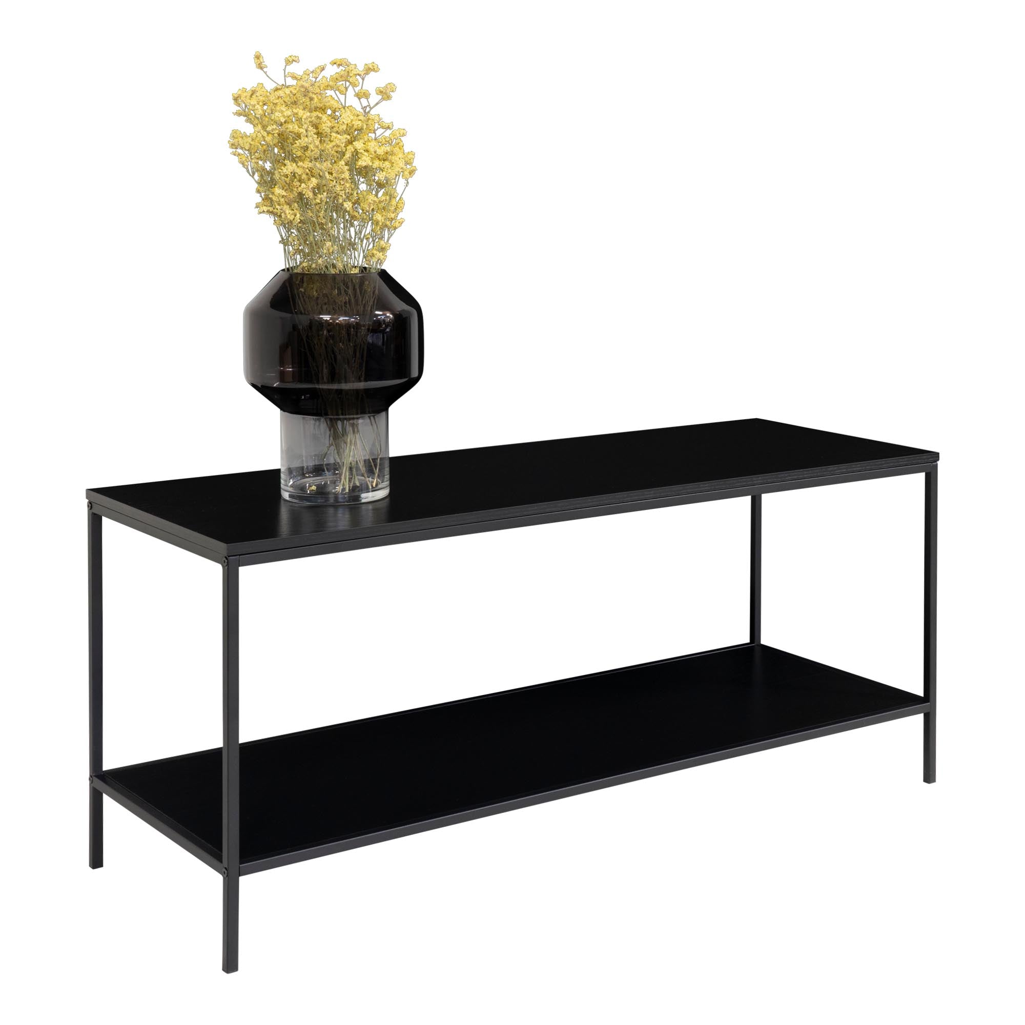 Meuble TV Vita acier noir 2 tablettes 100x45 cm styled vase fleurs séchées