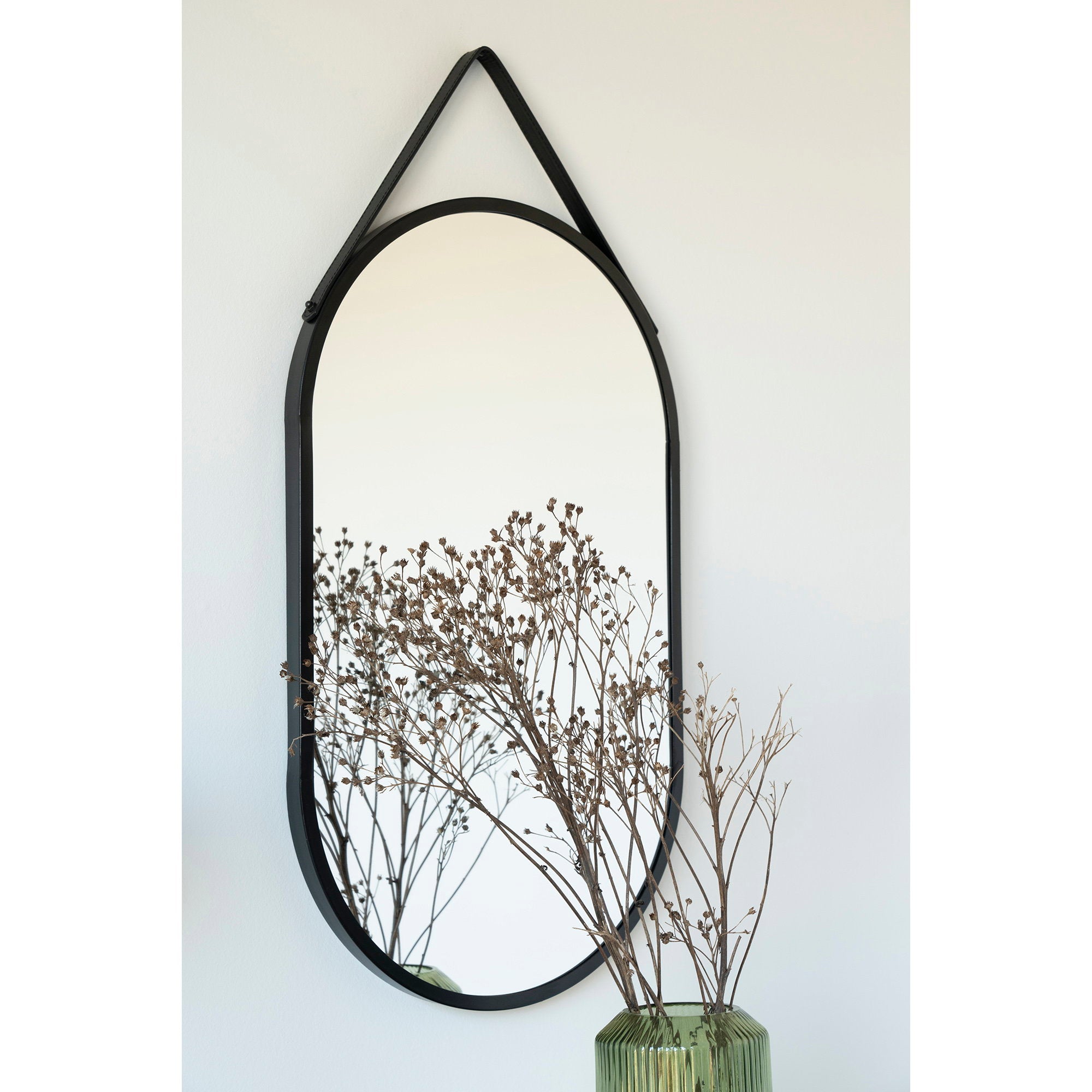 Miroir Trapani capsule noir sangle similicuir détail accroche fleurs séchées