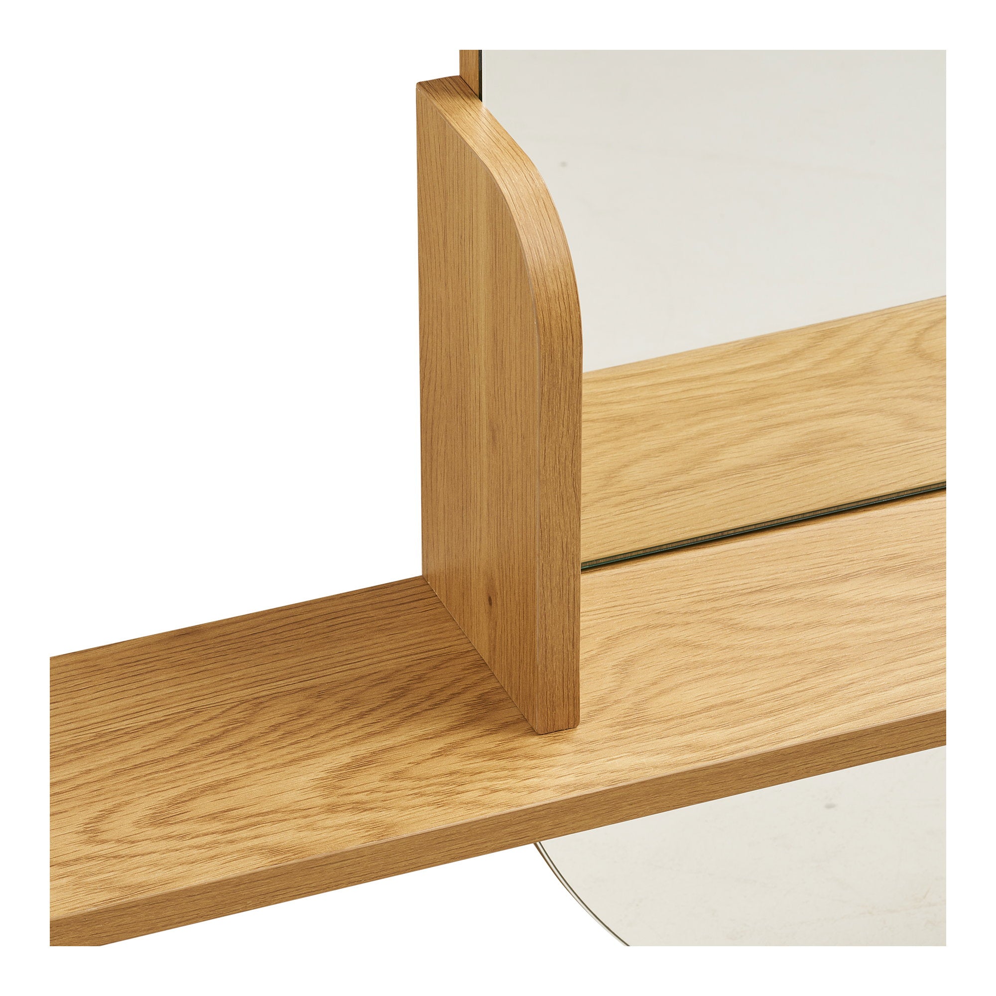 Miroir Barco détail assemblage support bois chêne et verre capsule