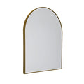 Miroir lumineux en arche au cadre doré brossé vu de trois quarts sur fond blanc avec sa ligne de LED et ses deux touches tactiles