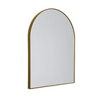 Miroir lumineux en arche au cadre doré brossé vu de trois quarts sur fond blanc avec sa ligne de LED et ses deux touches tactiles