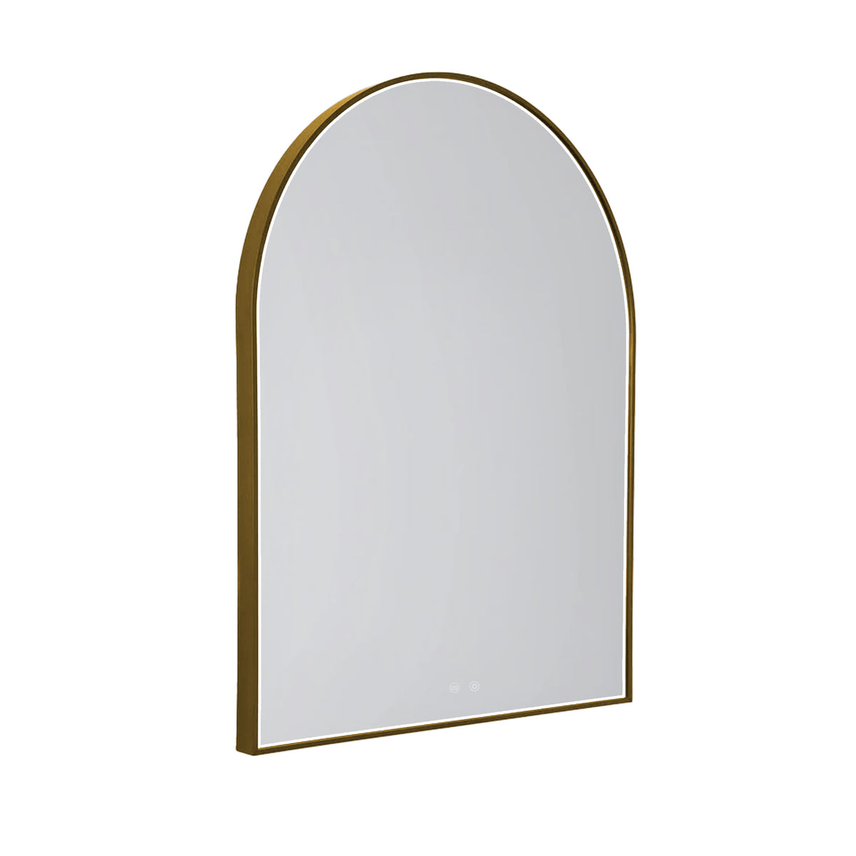 Miroir lumineux en arche au cadre doré brossé vu de trois quarts sur fond blanc avec sa ligne de LED et ses deux touches tactiles