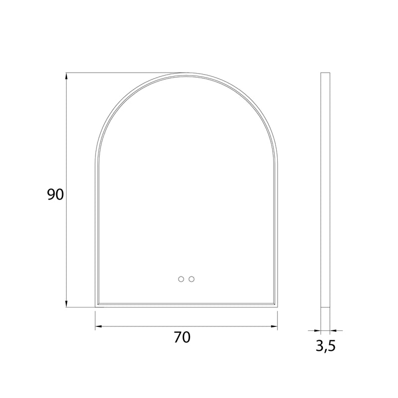 Dimensions Miroir lumineux arche doré 70 x 90 cm