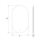 Schéma coté du miroir lumineux ovale hauteur 100 cm largeur 60 cm épaisseur 3 cm