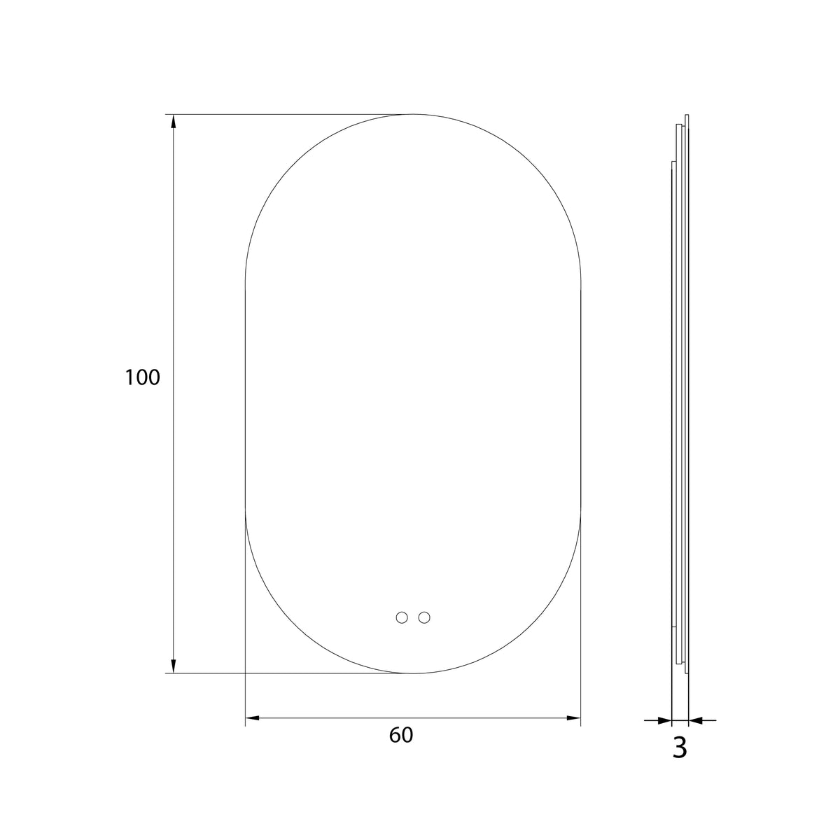 Schéma coté du miroir lumineux ovale hauteur 100 cm largeur 60 cm épaisseur 3 cm