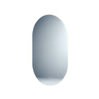 Miroir lumineux ovale en capsule vu de face sur fond blanc avec ses deux touches tactiles au bas de la glace