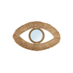 Miroir mural en forme d'œil Raffia Eye en raphia naturel sur fond blanc double frange et miroir rond central