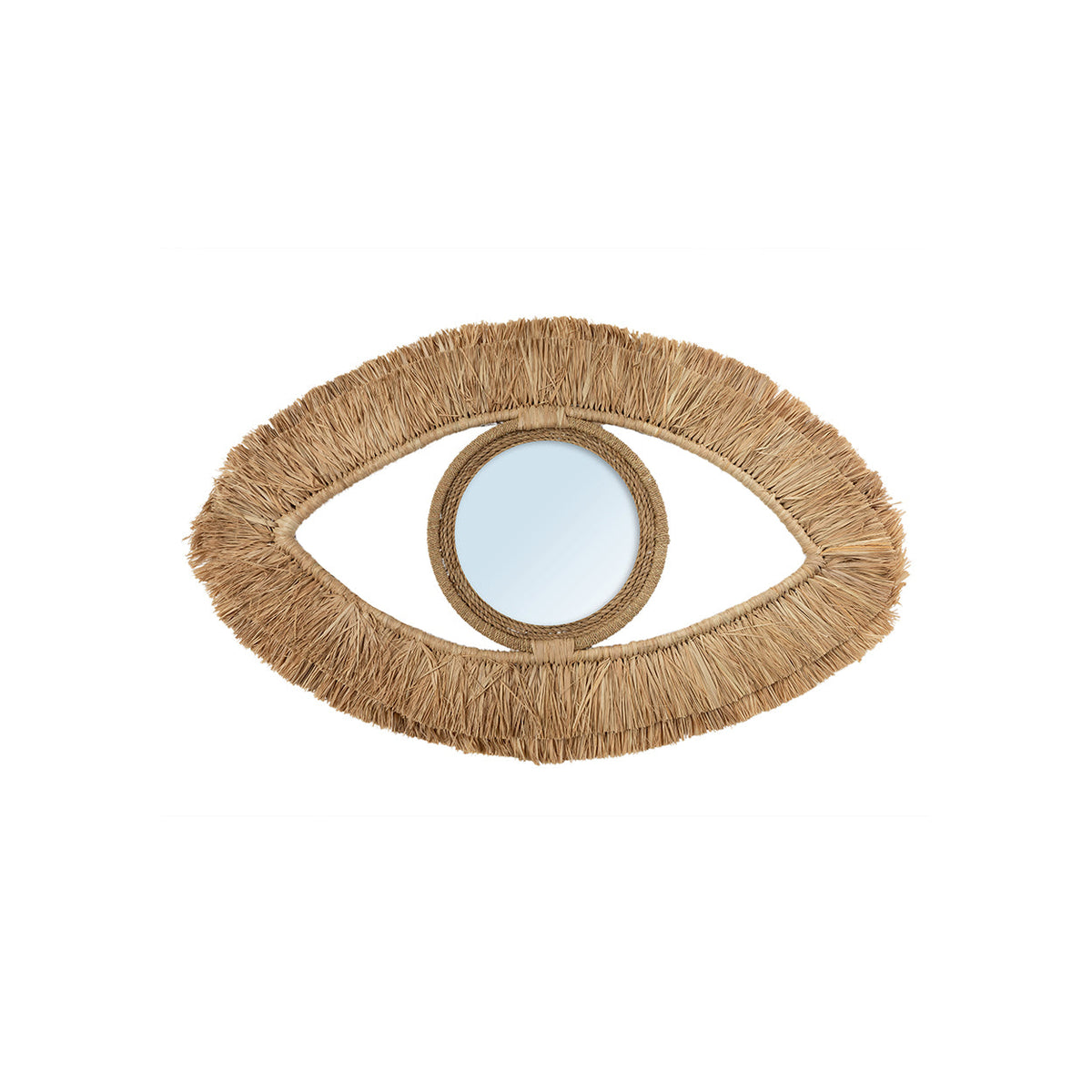 Miroir mural en forme d'œil Raffia Eye en raphia naturel sur fond blanc double frange et miroir rond central