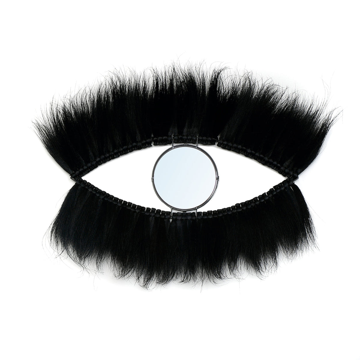 Miroir mural Black Eye en herbe teintée noire en forme d'œil frangé avec un petit miroir rond au centre