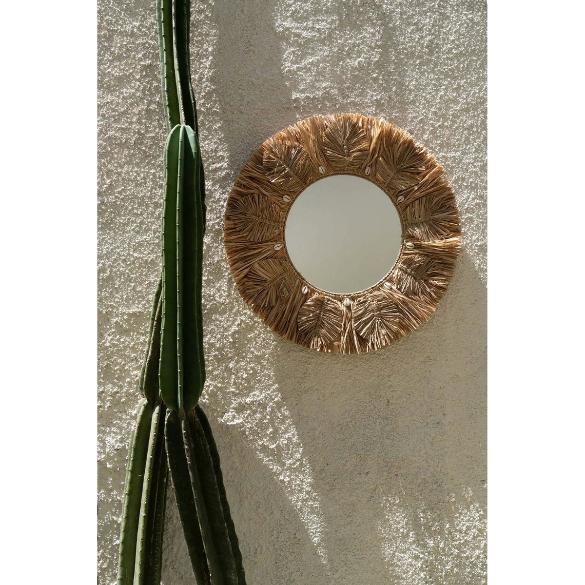 Miroir Palm Tree en raphia accroché sur un mur crépi blanc à côté d'un grand cactus
