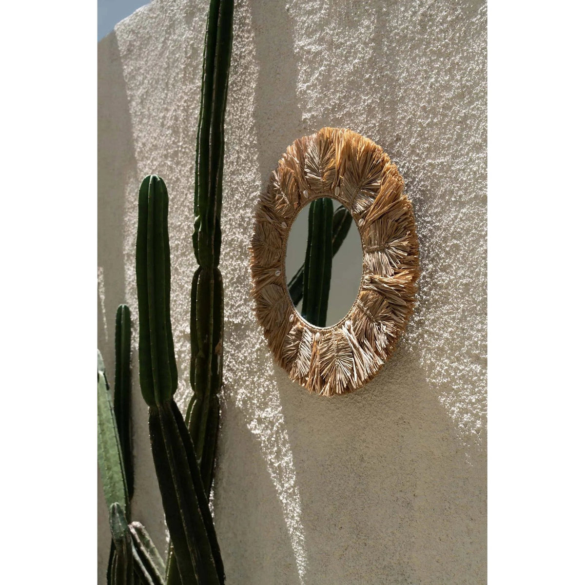 Miroir Palm Tree en raphia vu de biais sur un mur crépi où se reflète un cactus