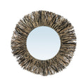 Miroir mural rond Raffia Fringe à franges de raphia naturel et noir sur fond blanc