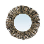Miroir mural rond Raffia Fringe à franges de raphia naturel et noir sur fond blanc