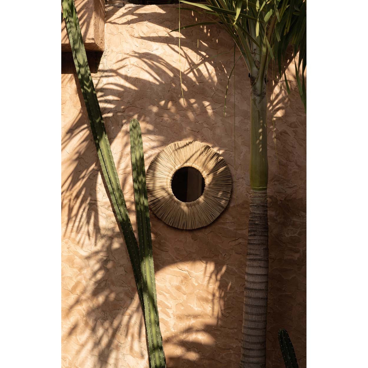 Miroir Alang Alang accroché sur un mur enduit ocre entre un cactus et un palmier