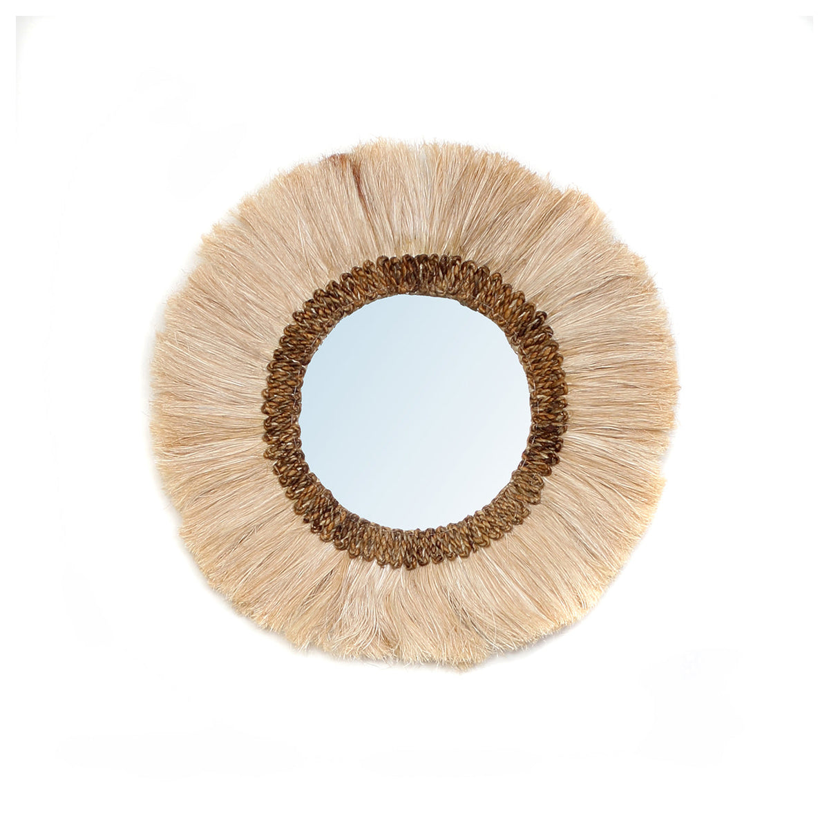Miroir mural rond Mowgli en herbe naturelle vu de face avec sa glace cerclée de cordage tressé