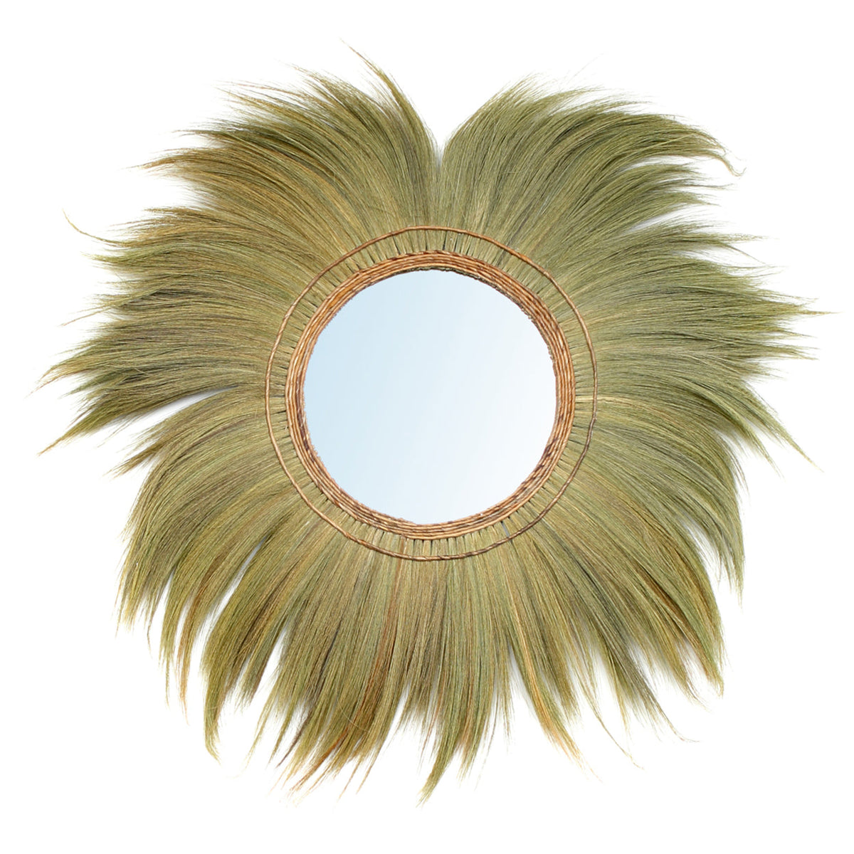 Miroir mural rond Mufasa vu de face avec son anneau tressé et son grand halo d'herbe naturelle