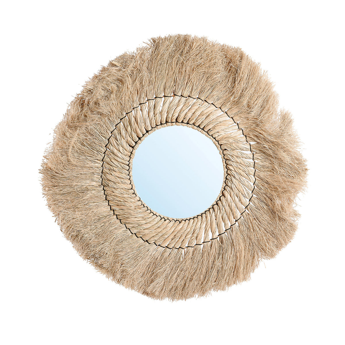 Miroir mural rond Pretty Blonde en herbe naturelle vu de face frange ébouriffée et couronne de brins torsadés
