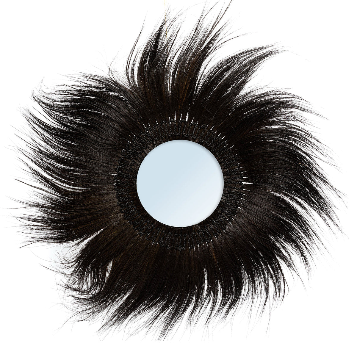 Miroir mural rond Simba en herbe rayung noire sur fond blanc crinière rayonnante et miroir rond central