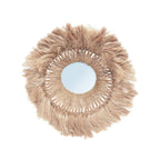 Miroir rond Solomon en abaca naturel vu de face avec son anneau tressé ajouré et sa couronne de franges