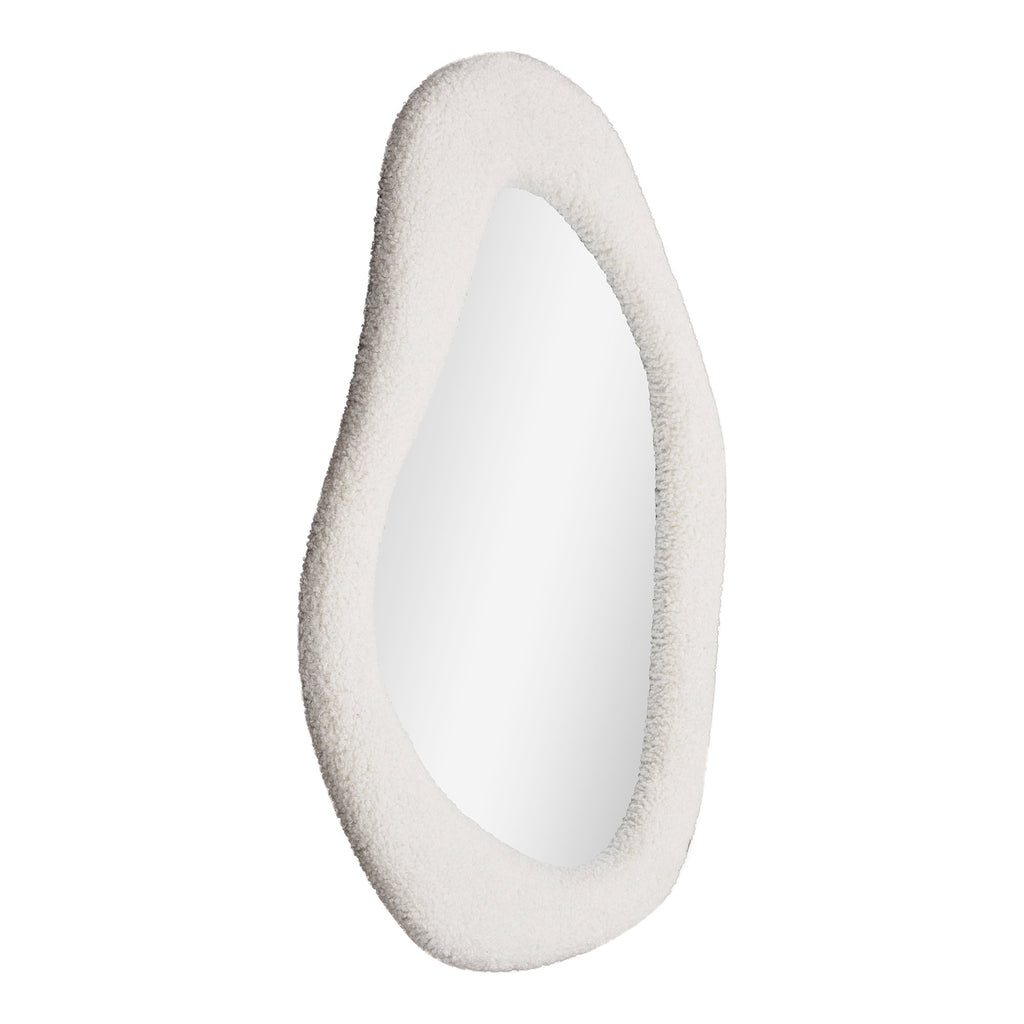 Miroir Bosa teddy blanc forme organique vue trois quarts profil cadre bouclé épais
