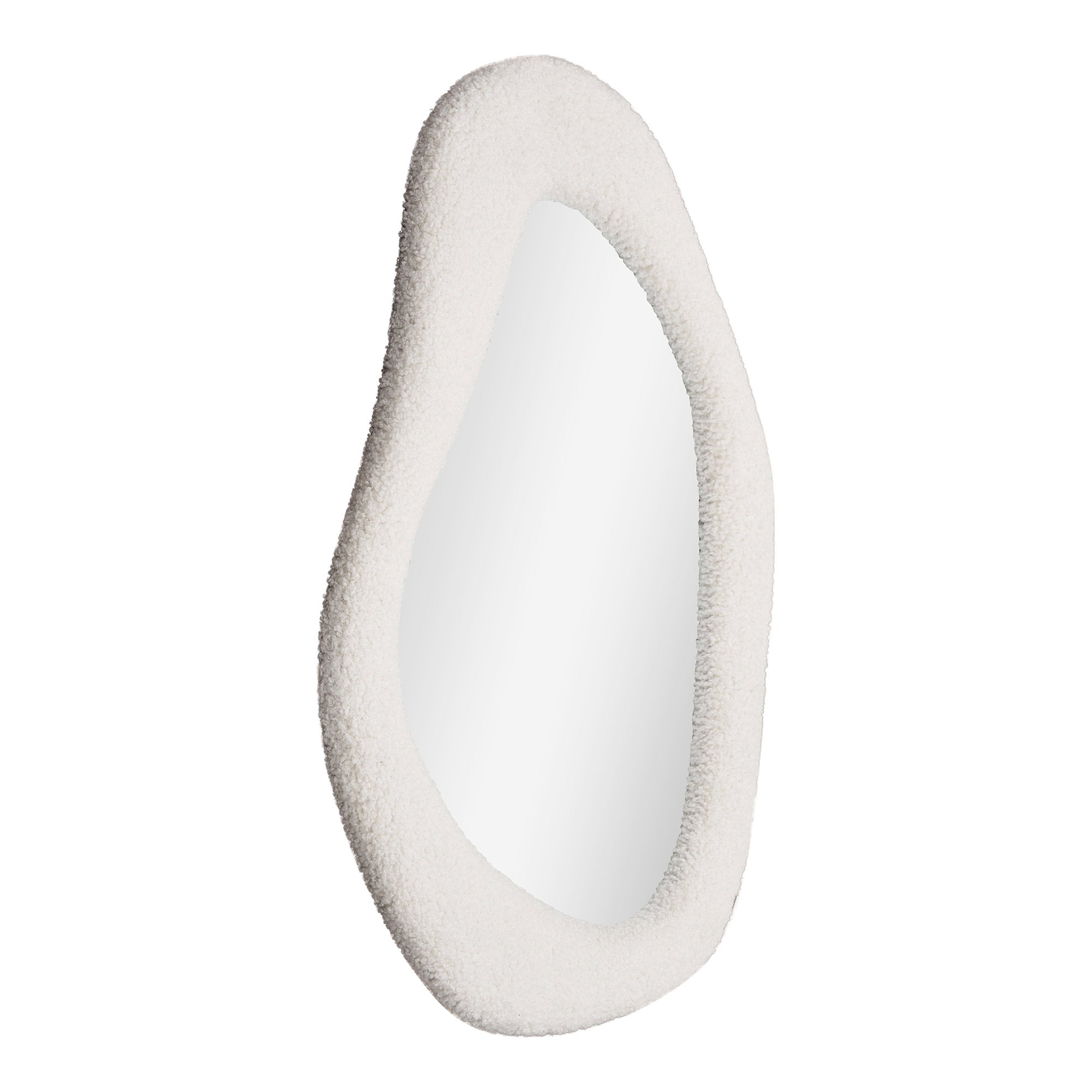 Miroir Bosa teddy blanc forme organique vue trois quarts profil cadre bouclé épais