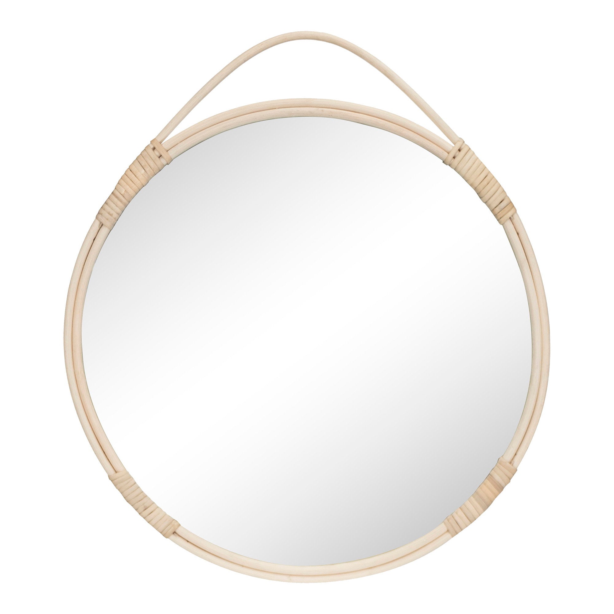 Miroir rond Malo cadre rotin naturel avec anse diamètre 50 cm vue de face