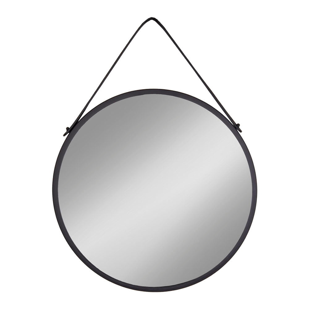 Miroir rond Trapani cadre métal noir sangle similicuir diamètre 60 cm vue de face