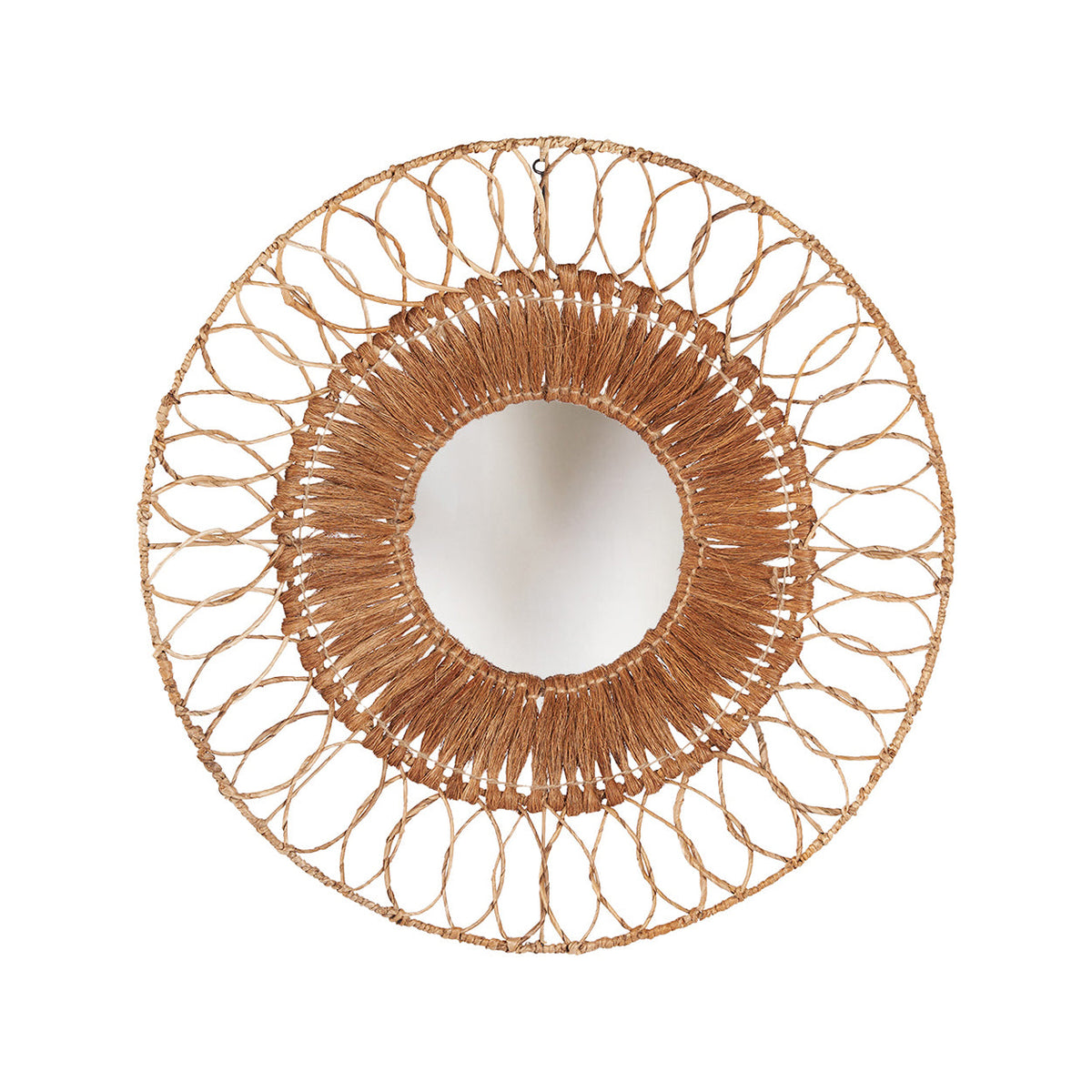 Miroir soleil Montezuma en feuille de bananier et fibre de coco sur fond blanc couronne brune et boucles ajourées