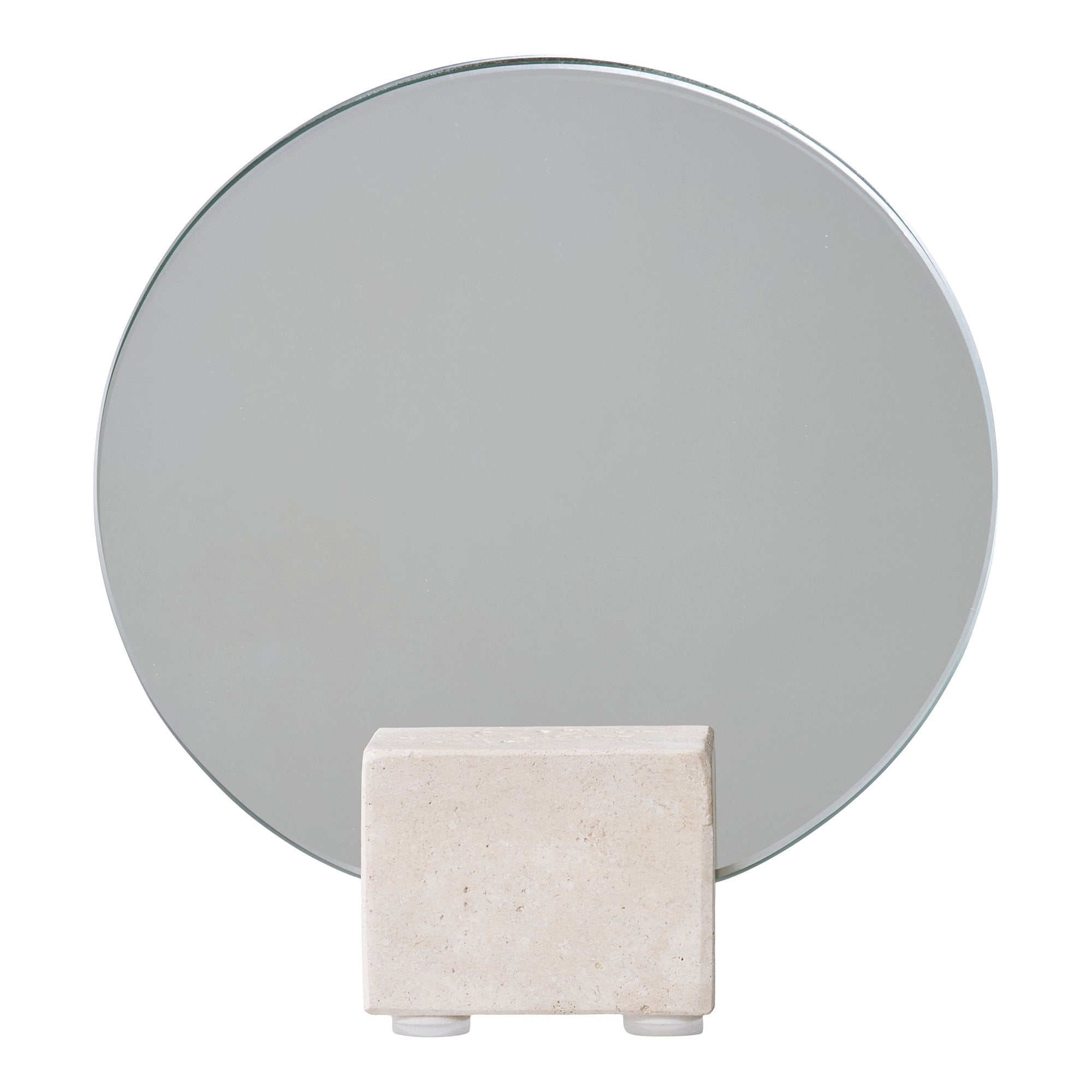 Miroir de table travertin naturel disque verre poli ø18 cm vue de face