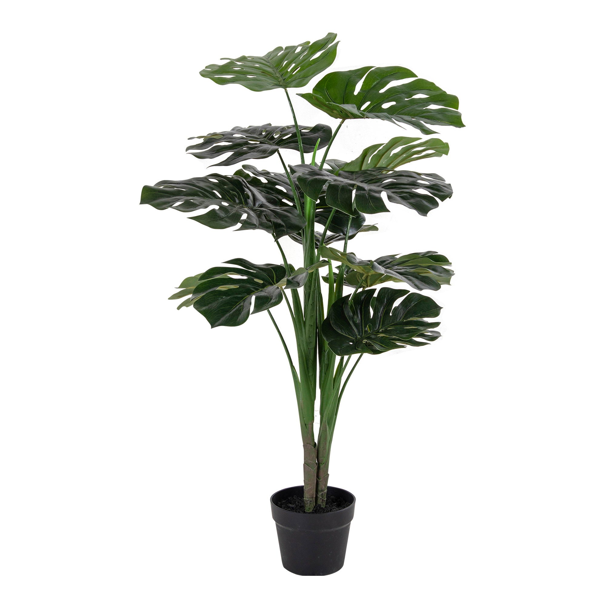 Monstera artificielle Deliciosa verte 90 cm pot noir fond blanc