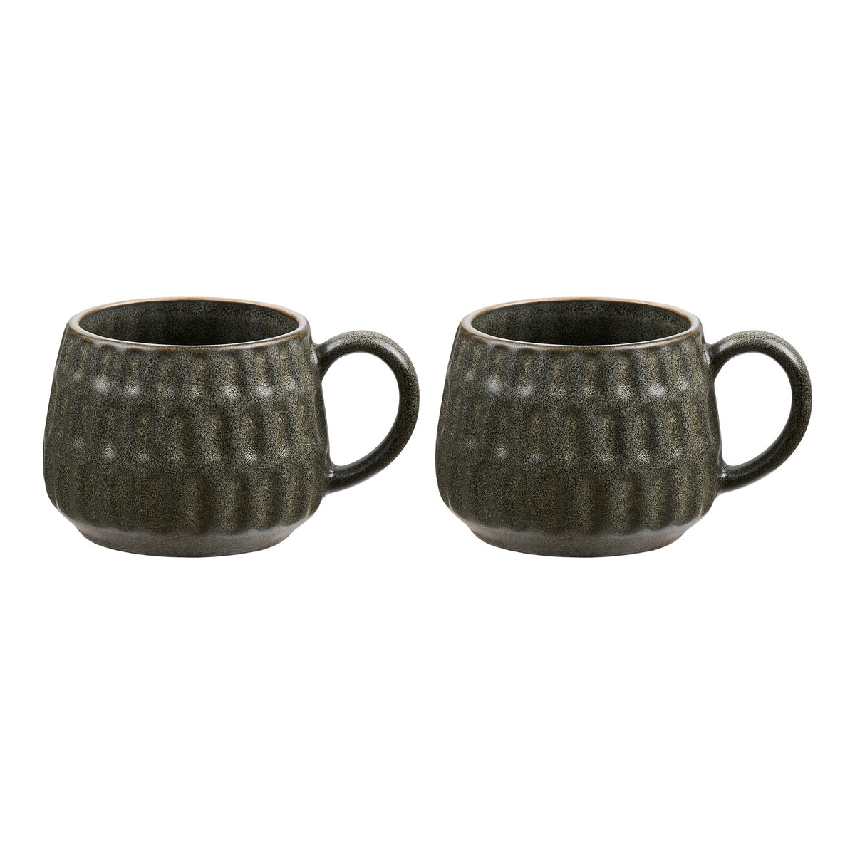 Deux mugs Amalia en grès émaillé vert-gris au relief vertical et à l'anse pleine
