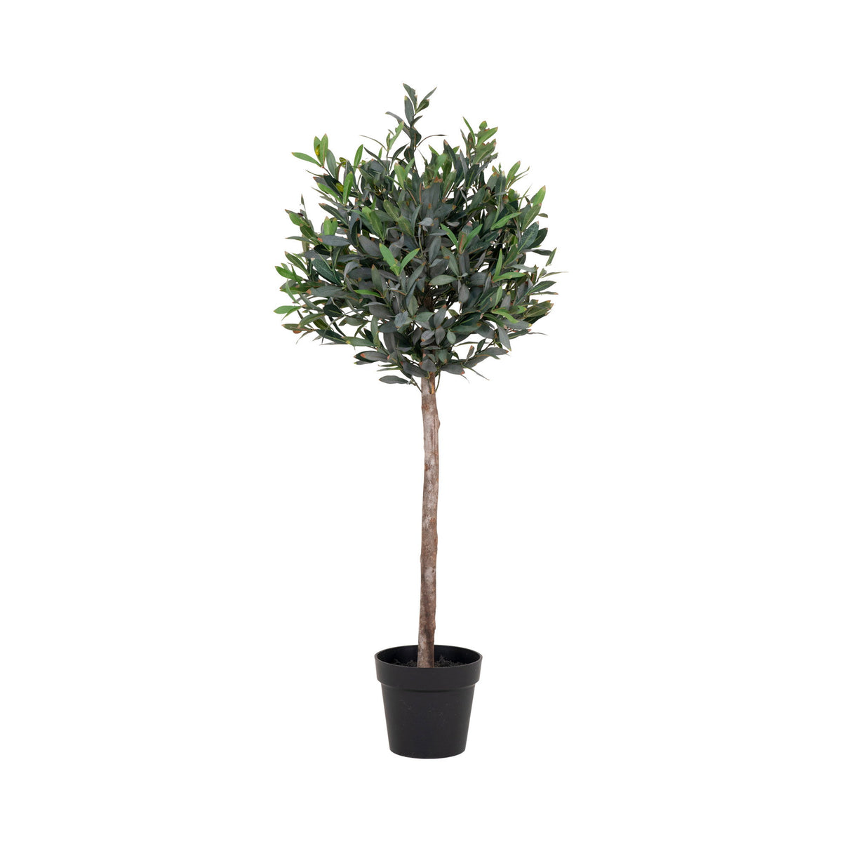 Olivier artificiel vert sur tige de 120 cm à couronne ronde et dense dans son pot en plastique noir