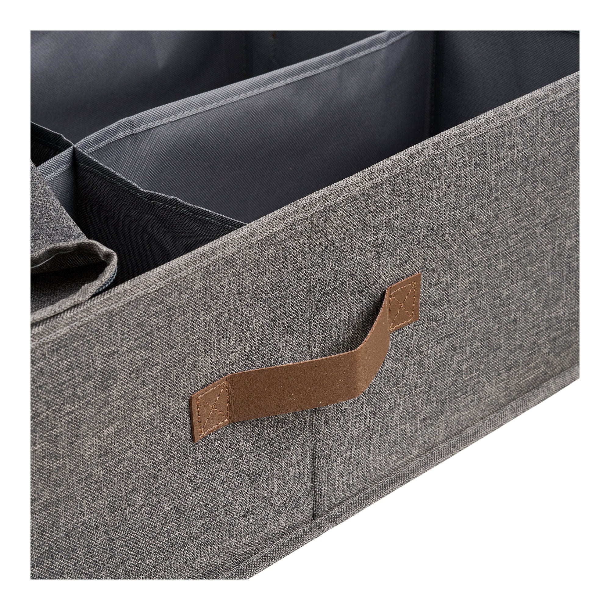 Détail anse simili cuir caramel organiseur Noto gris foncé compartiments intérieurs tissu