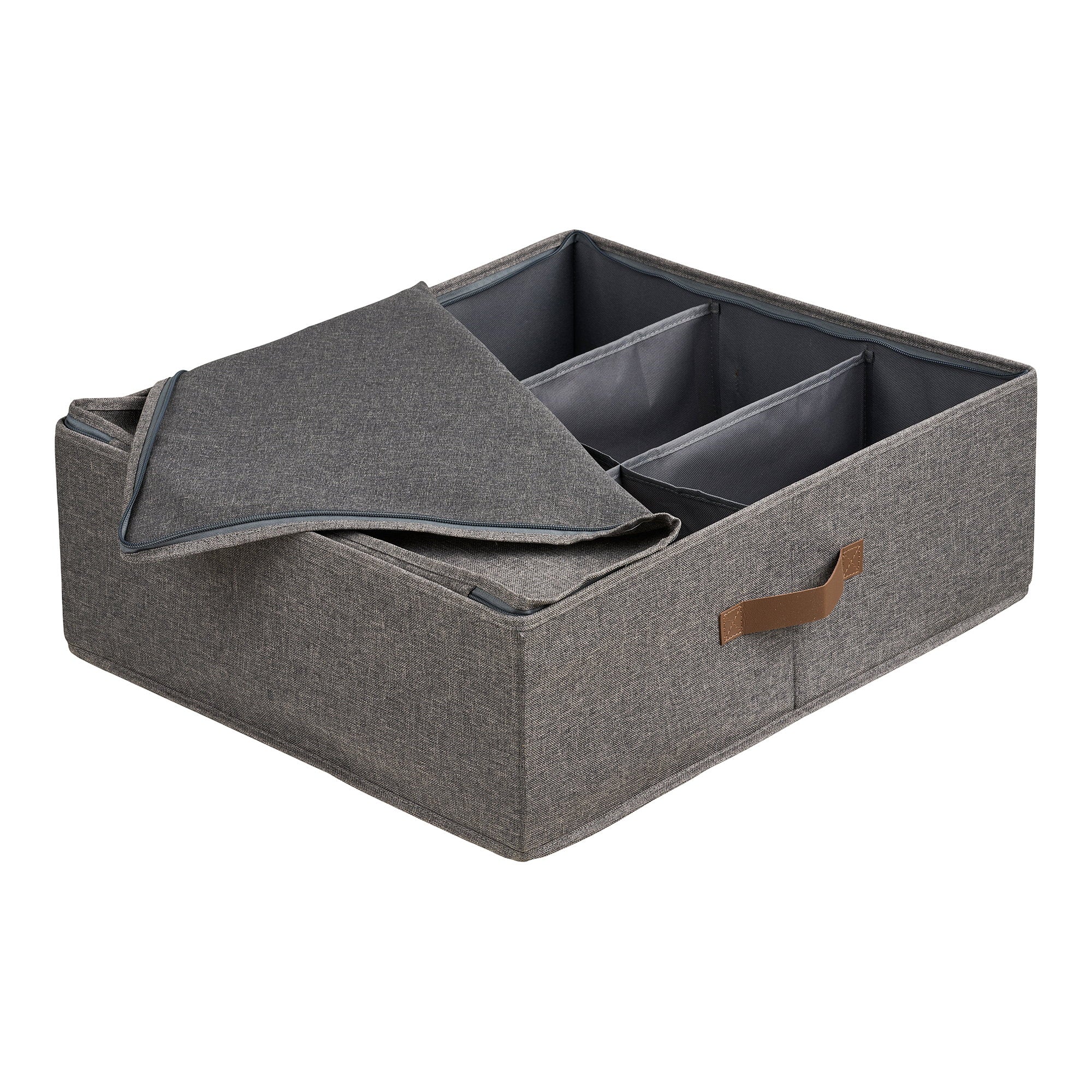 Organiseur Noto gris ouvert couvercle zippé rabattu 4 compartiments intérieurs visibles