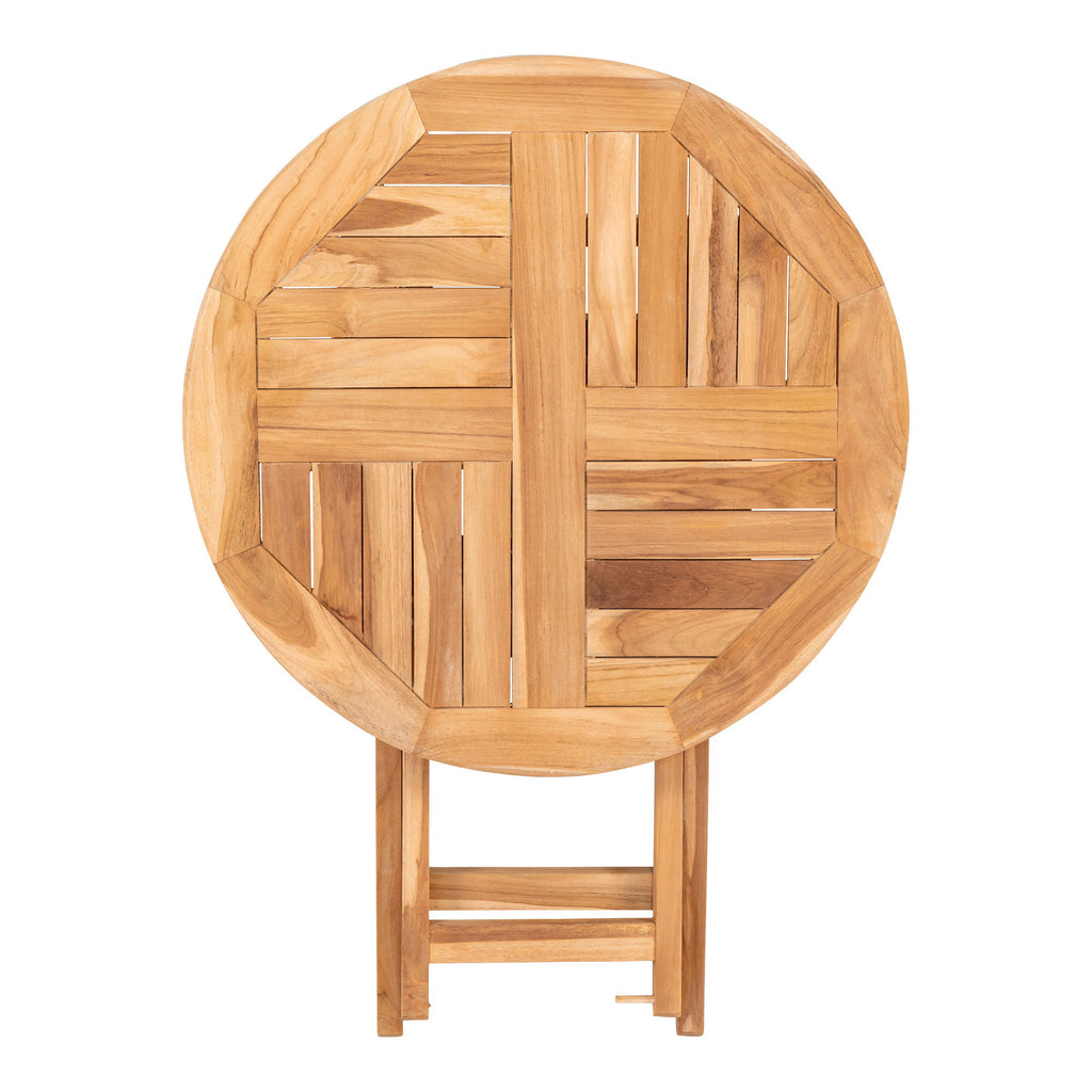 Vue plongeante plateau teck massif lames disposition étoile table pliante ronde Oviedo