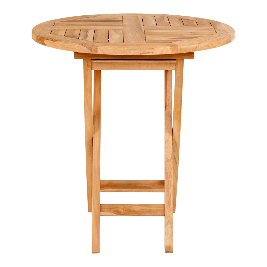 Table pliante teck massif ronde vue face piètement droit barre stabilisatrice fond blanc