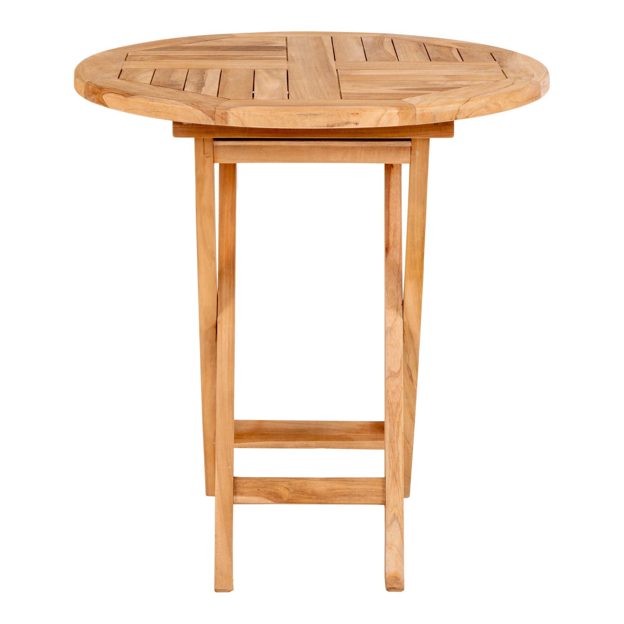 Table pliante teck massif ronde vue face piètement droit barre stabilisatrice fond blanc