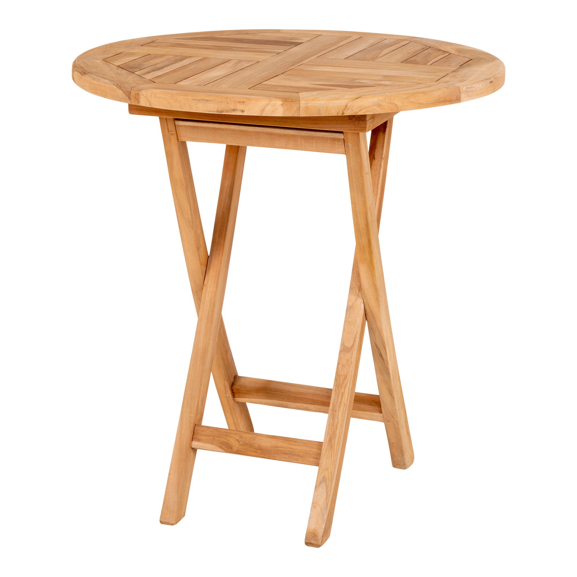 Table pliante teck naturel plateau rond lames étoile piètement X vue trois quarts fond blanc