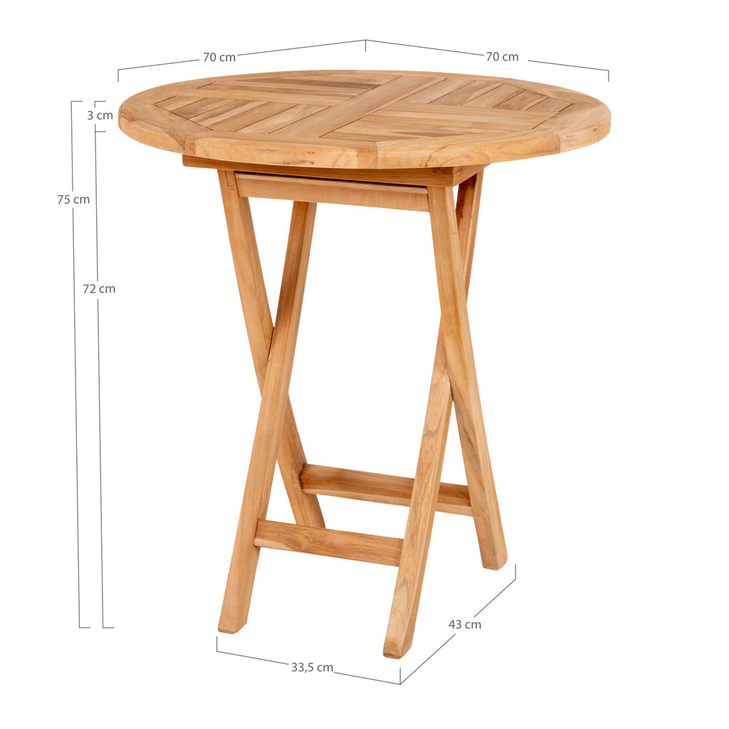 Schéma dimensions table pliante teck Oviedo ø70cm hauteur 75cm piètement 43cm fond blanc
