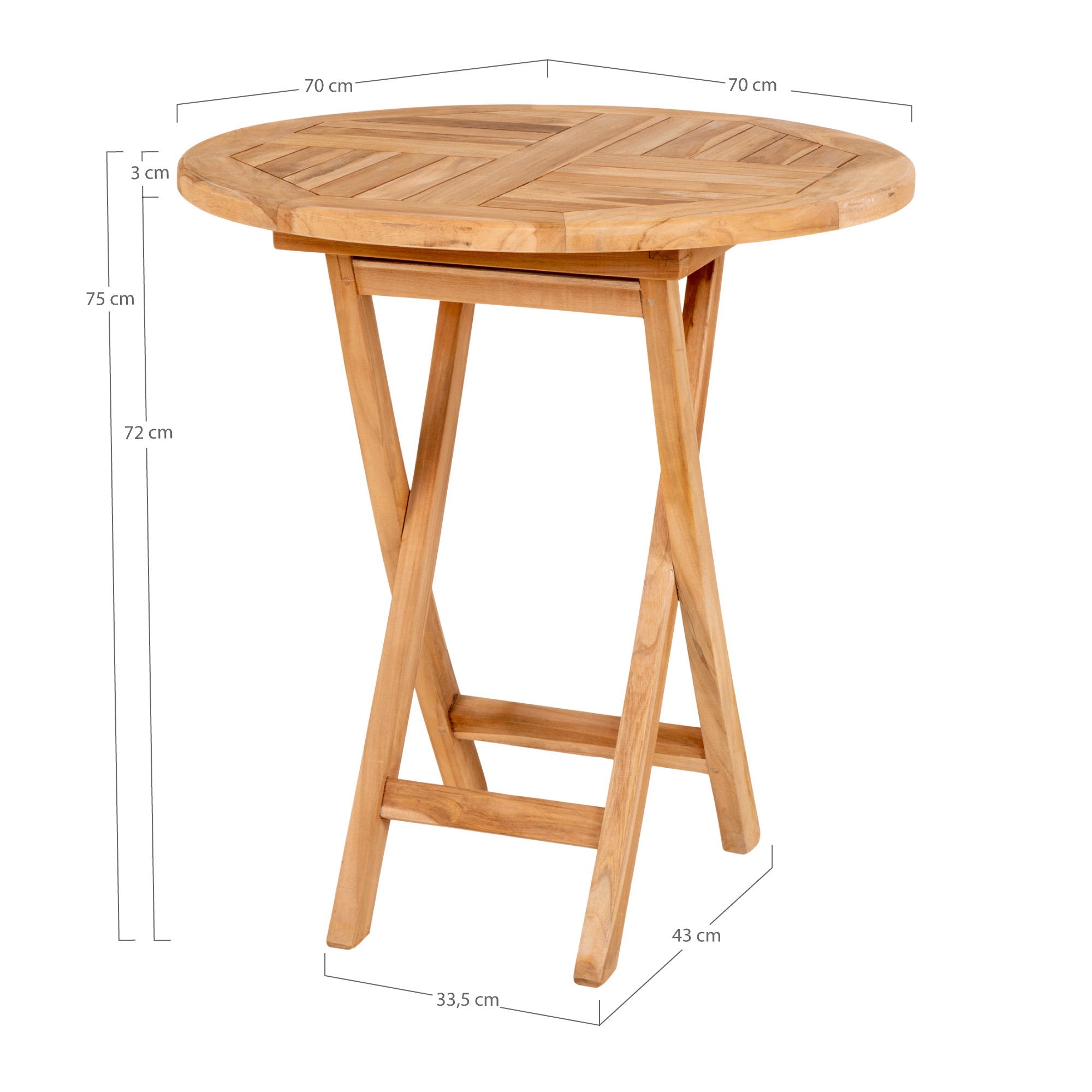 Schéma dimensions table pliante teck Oviedo ø70cm hauteur 75cm piètement 43cm fond blanc