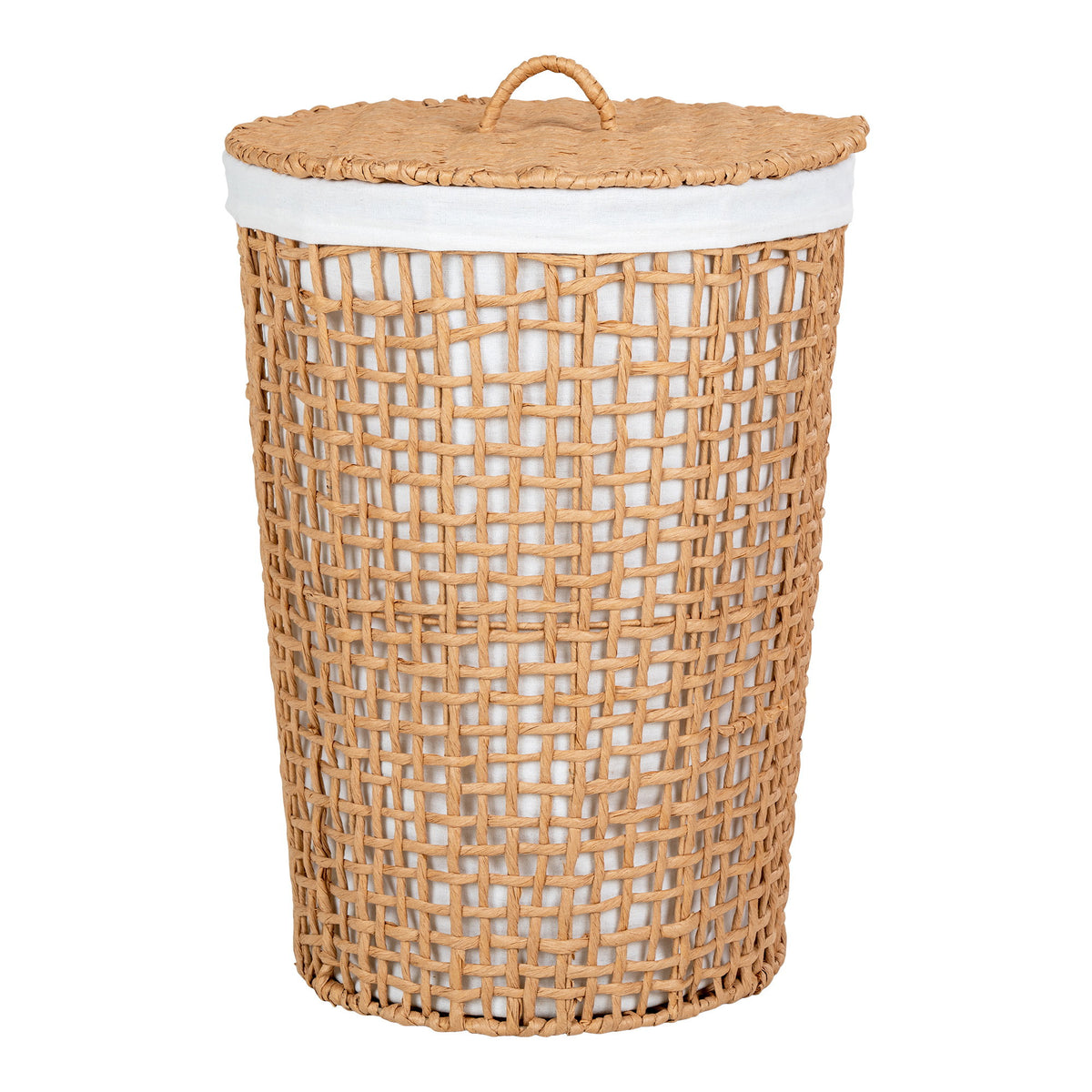 Panier à linge Pomal en papier tressé naturel couvercle fermé et doublure blanche vue de face