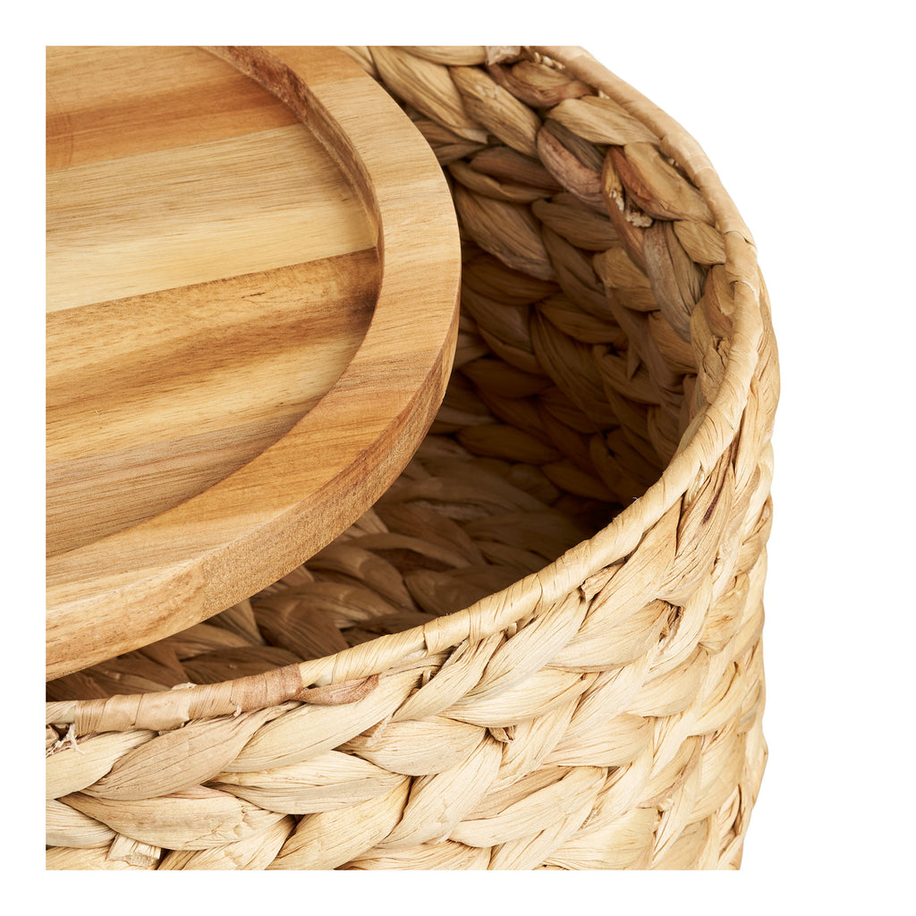 Détail couvercle bois massif veiné panier Botofte jacinthe eau tressée intérieur naturel