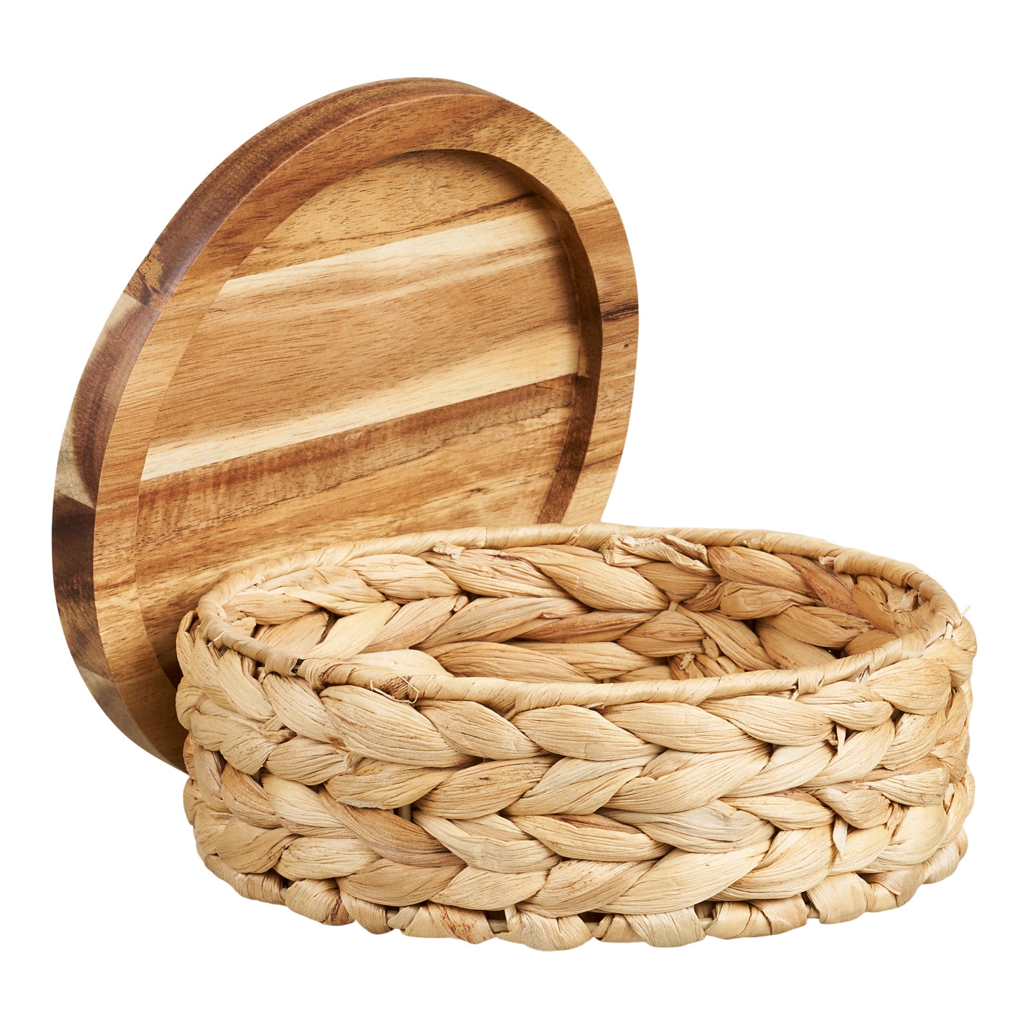 Petit panier rond Botofte jacinthe eau tressée couvercle bois massif ouvert ø20 cm