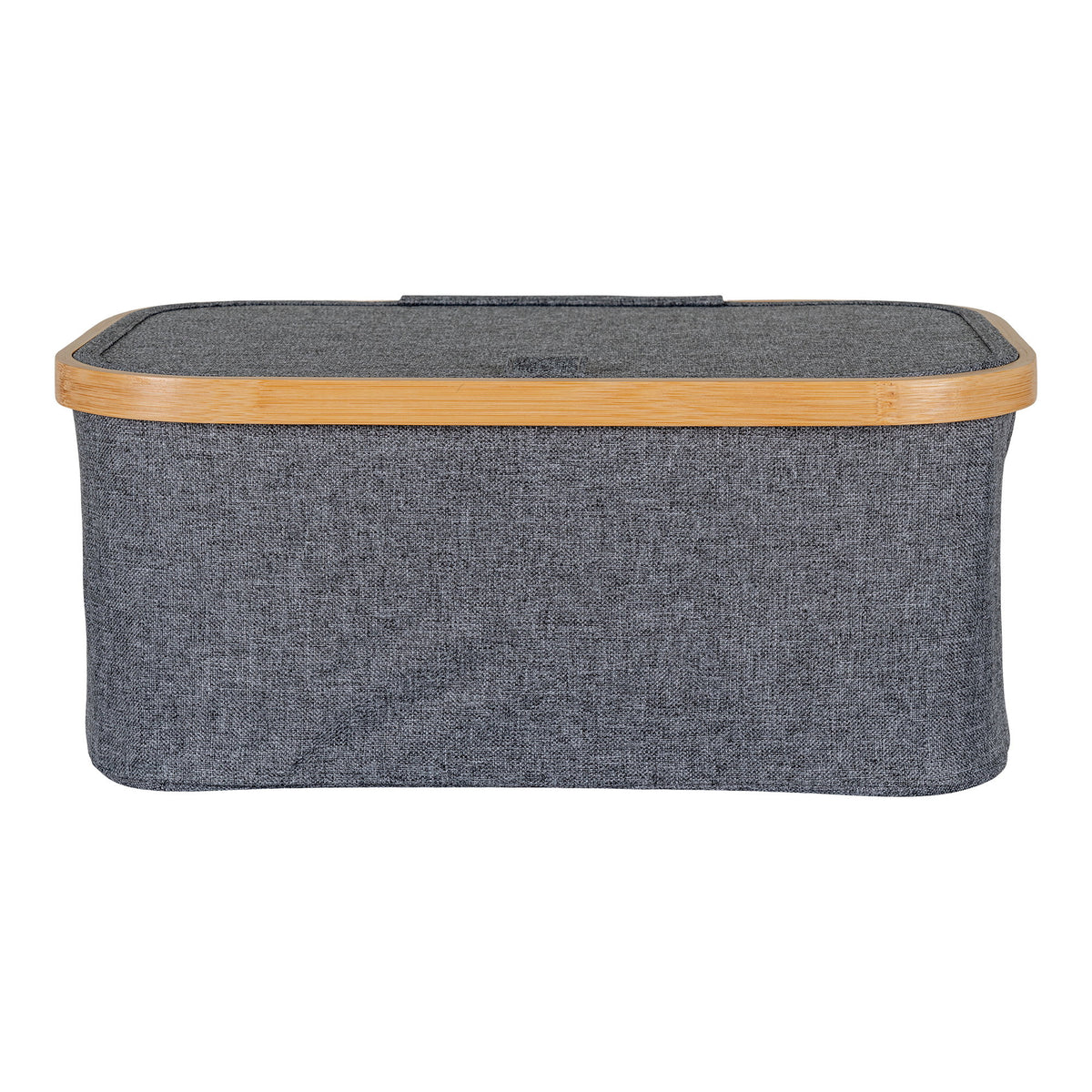 Panier Noto vu par son grand côté avec son cadre en bambou et son tissu gris chiné