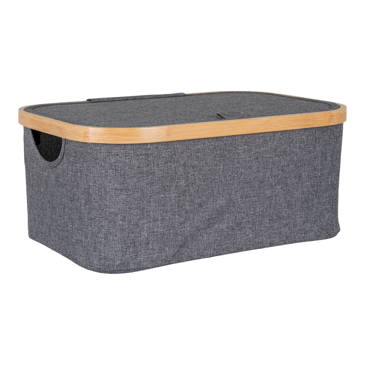 Panier de rangement Noto en tissu gris foncé avec cadre en bambou et couvercle vu de trois quarts